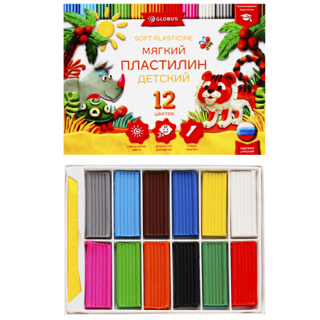 Пластилин, 12 цветов, 180 гр, мягкий, стек, картонная коробка ...