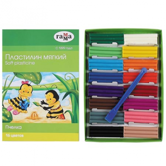 Пластилин 16 цветов, 240 гр, восковой, стек, картонная коробка Пчелка Гамма 280030Н