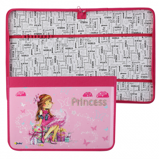 Папка для труда А4, ламинированный картон, ткань, на молнии вокруг Принцесса с подарками Оникс ПТ-Р4 56816