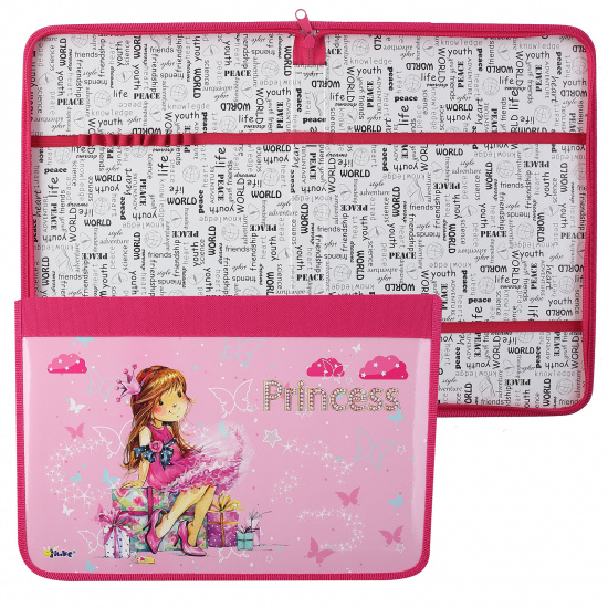 Папка для труда А4, ламинированный картон, ткань, на молнии вокруг Принцесса с подарками Оникс ПТ-Р5 56847