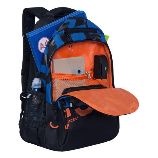 Рюкзак спинка эргономичная, 2 отделения, 30*44*14 см, черный/синий Grizzly RU-130-3
