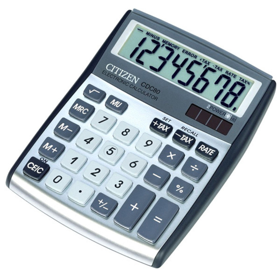 Калькулятор настольный 8 разрядов Citizen CDC 80 WB двойное питание 135*109*25мм серый/синий