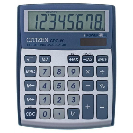 Калькулятор настольный 8 разрядов Citizen CDC 80 WB двойное питание 135*109*25мм серый/синий