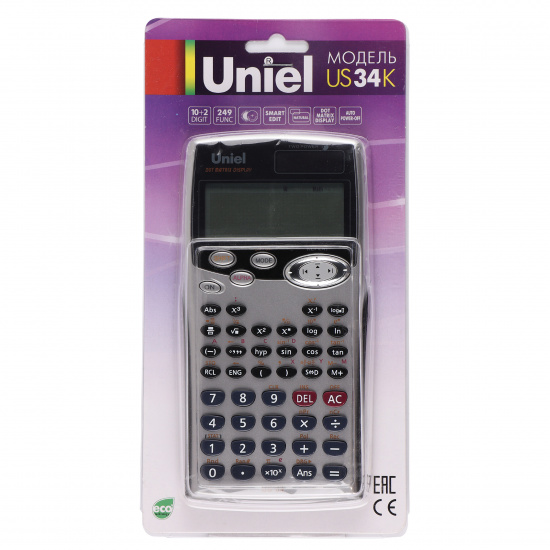 Калькулятор инженерный, 10+2 разряда, питание двойное, 159*80*19 мм US-34K Uniel (249 функций)
