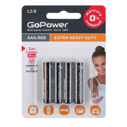 Батарейка GoPower солевая, R03, 4 шт, блистер с европодвесом