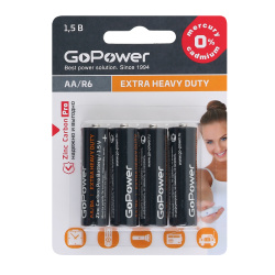 Батарейка GoPower солевая, R06, 4 шт, блистер с европодвесом
