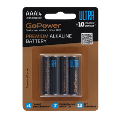 Батарейка, GoPower, ULTRA, алкалиновая, LR03, 4 шт, блистер с европодвесом