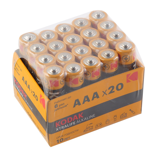 Батарейки КОМПЛЕКТ, 20 шт, мизинчиковые (AAA), алкалиновая, LR03, 20 шт, коробка, Kodak, XTRALIFE
