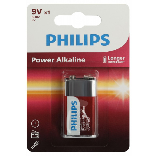 Батарейка, крона 9V, алкалиновая, 6LR61, 1 шт, блистер с европодвесом, Philips, Power