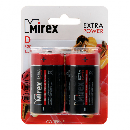 Батарейка Mirex солевая, D (R20), 2 шт, блистер с европодвесом