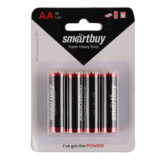 Батарейка SmartBuy солевая, R06, 4 шт, блистер с европодвесом