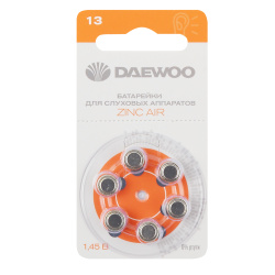 Батарейка, для слуховых аппаратов, воздушно-цинковая, ZA13, 6 шт, блистер с европодвесом, Daewoo