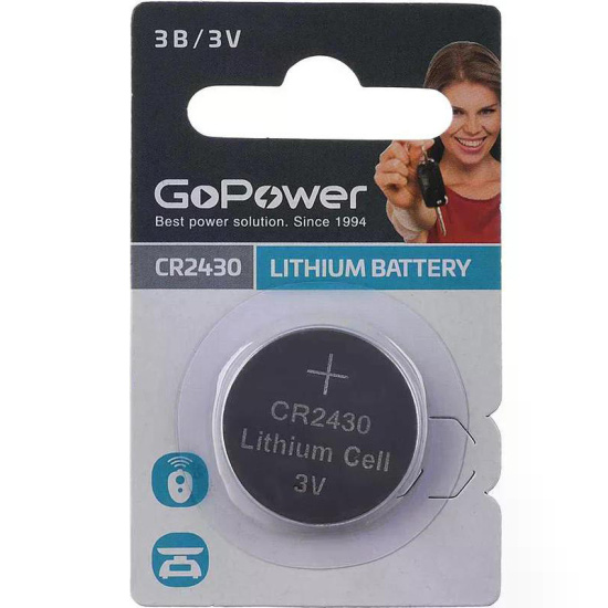 Батарейка, таблетки, литиевая, CR2430, 1 шт, блистер с европодвесом, GoPower