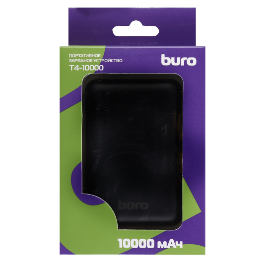 Аккумулятор мобильный PowerBank, Buro, T4-10000, Li-Pol, 10000 mAh, 2А, черный, 2хUSB