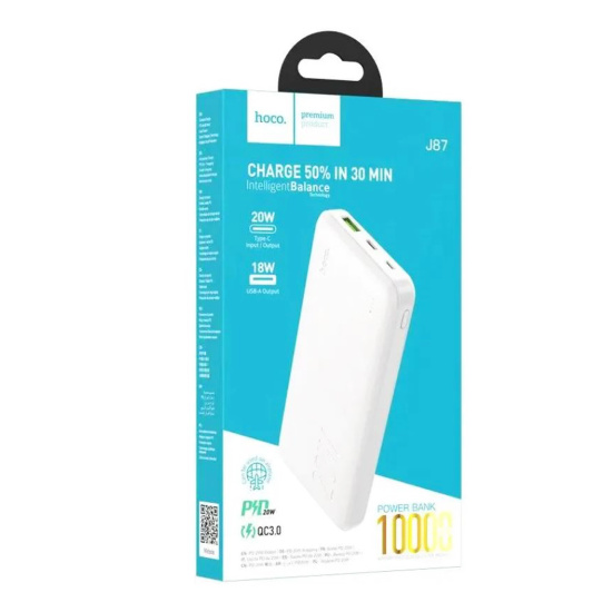 Аккумулятор мобильный PowerBank, Hoco, J87 TACKER, Li-Pol, 10000 mAh, 3А, белый, 1хUSB-A+1хUSB-C