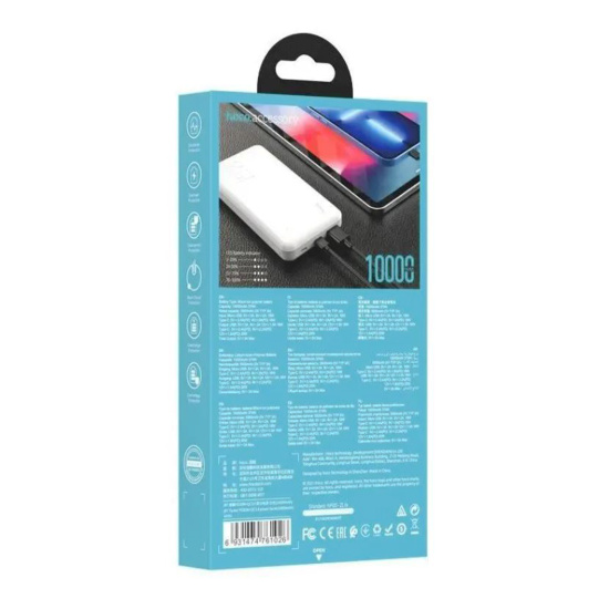 Аккумулятор мобильный PowerBank, Hoco, J87 TACKER, Li-Pol, 10000 mAh, 3А, белый, 1хUSB-A+1хUSB-C
