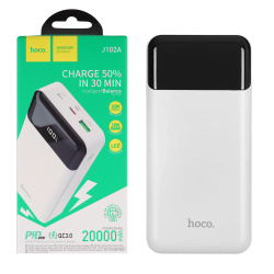 Аккумулятор мобильный PowerBank, Hoco, Li-Pol, 20000 mAh, 5А, белый, 1хUSB-A+1хUSB-C