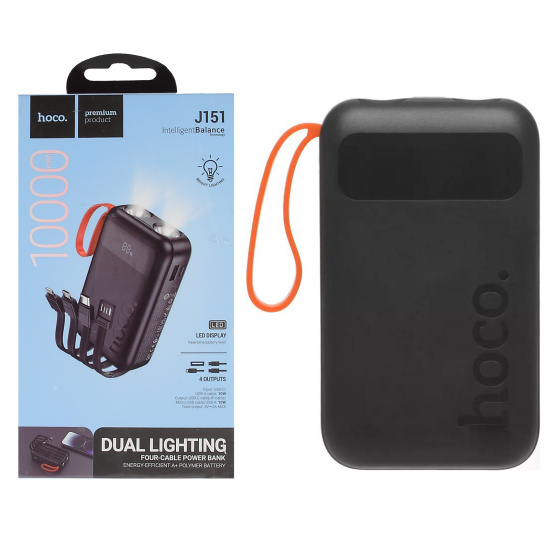 Аккумулятор мобильный PowerBank, Hoco, J151, Li-Pol, 10000 mAh, 2А, черный, 1хUSB-A+1хUSB-C