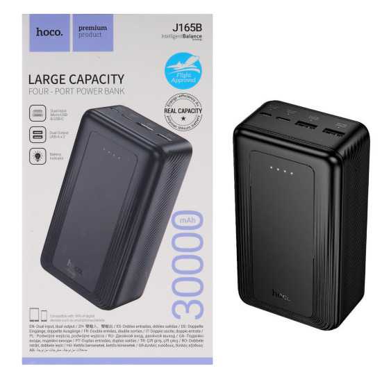 Аккумулятор мобильный PowerBank, Hoco, J165B, Li-Pol, 30000 mAh, 3А, черный, 2хUSB-A+1хUSB-C