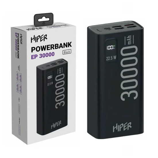 Аккумулятор мобильный PowerBank, Hiper, EP 30000, Li-Pol, 30000 mAh, 3А, черный, 4хUSB