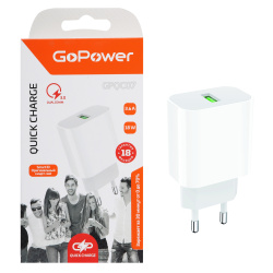 Зарядное устройство сетевое СЗУ GoPower GPQC07 1xUSB 3.6A 18W белый