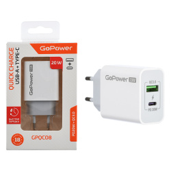 Зарядное устройство сетевое СЗУ GoPower GPQC08 1xUSB+1xType-C 3A 20W белый