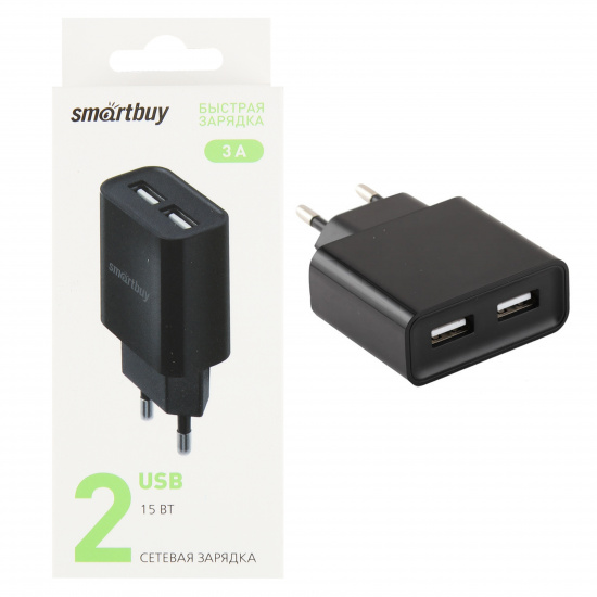 Зарядное устройство сетевое СЗУ SmartBuy NOVA 3А 2 USB, черный (SBP-6000)