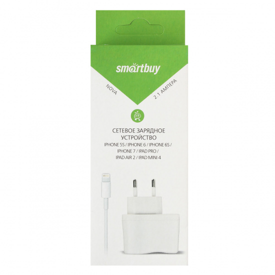 Зарядное устройство сетевое СЗУ SmartBuy NOVA 2.1А, белое, кабель для iPhone 5/6/7/iPad Mini/iPad Air (SBP-1150)