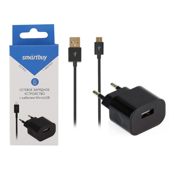 Зарядное устройство сетевое СЗУ SmartBuy NITRO, USB+кабель MicroUSB, 1А, черный (SBP-1001MC)