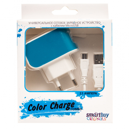 Зарядное устройство сетевое СЗУ SmartBuy COLOR CHARGE, USB+кабель MicroUSB, 2А, бело/син (SBP-8070)