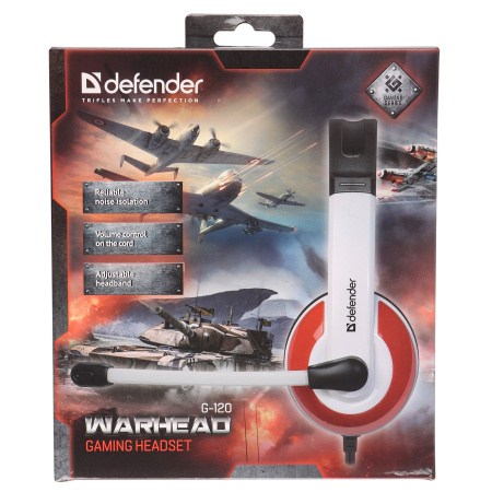 Наушники с микрофоном игровые Defender Warhead G-120 красный + белый, кабель 2 м