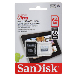 Карта памяти microSDXC 64GB Class 10 Ultra Android 80MB/s + адаптер SanDisk TabletPac