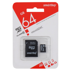 Карта памяти microSDXC 64GB Class10 Smartbuy (+SD адаптер)