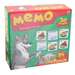 Игра развивающая МЕМО 30 карт+пазлы 24эл Животные России МП-0368